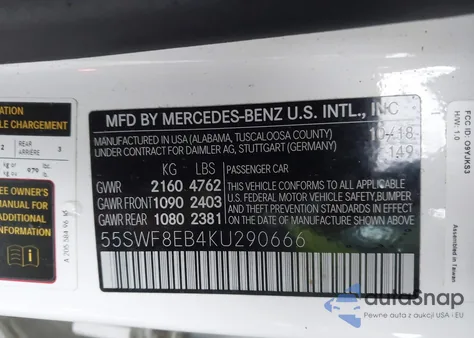 2019 Mercedes-Benz C 300 4Matic from USA, damaged, VIN 55SWF8EB4KU290666